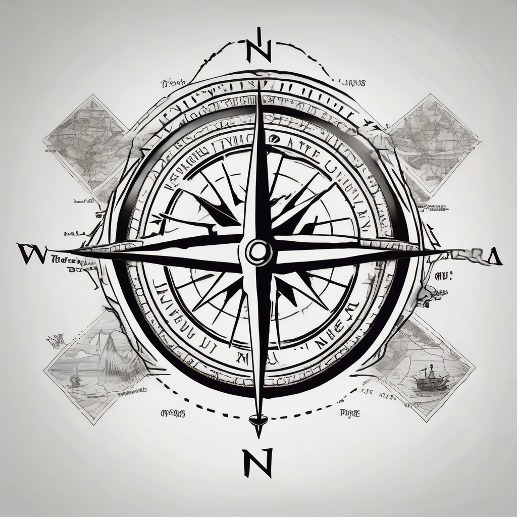 Compass on the back of the palm in the shape of Nigeria with longitude written on the top and latitude written on the bottom. Draw lines from a treasure map connecting from the arm to the tattoo half sleeve tattoos for men, AI-generated Blackwork tattoo design
